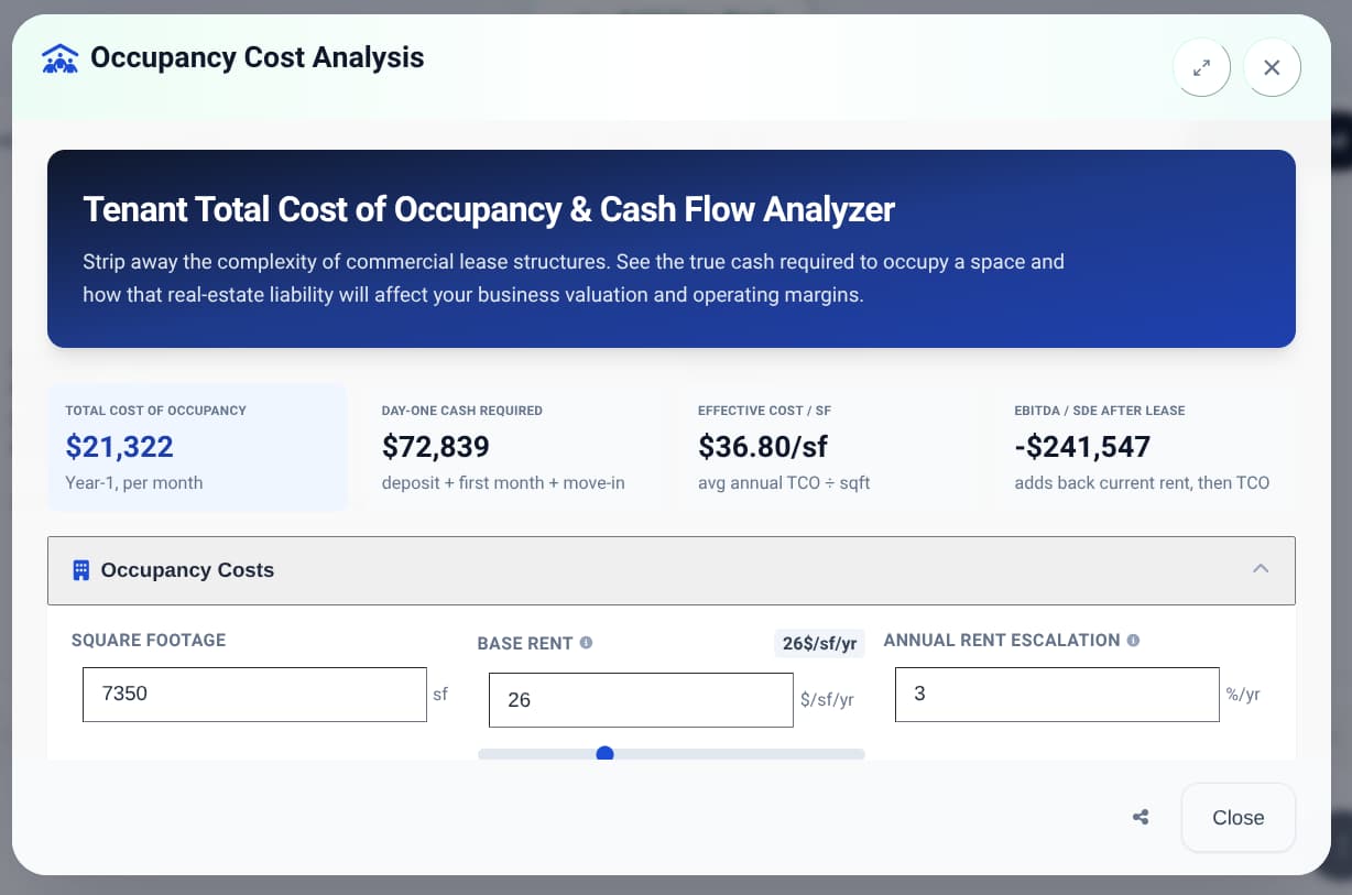 Tenant Total Cost of Occupancy and Cash Flow Analyzer — the true cash required to occupy a space and how the lease affects business valuation